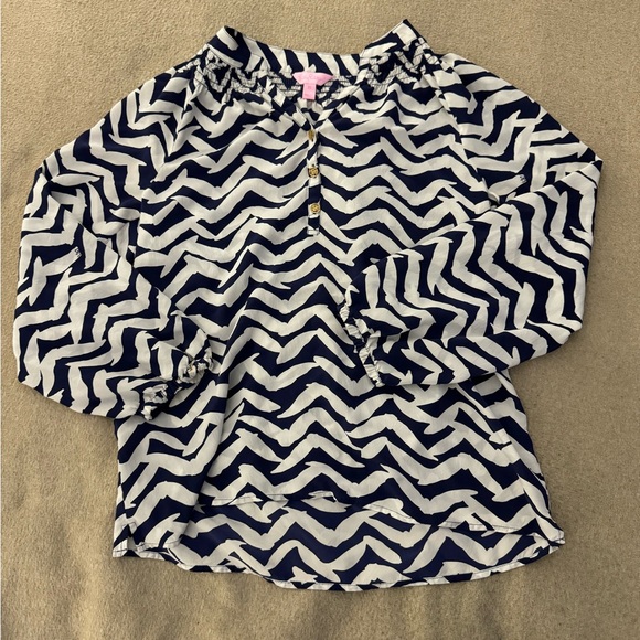 Lilly Pulitzer Silk Elsa Bird Motif Top Blouse Blue White Women XS Gold Buttons - Picture 2 of 8